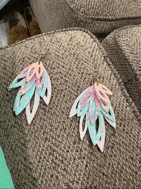 Handcrafted Pastel Glitter Layered Leaf Earrings - Pink & Aqua